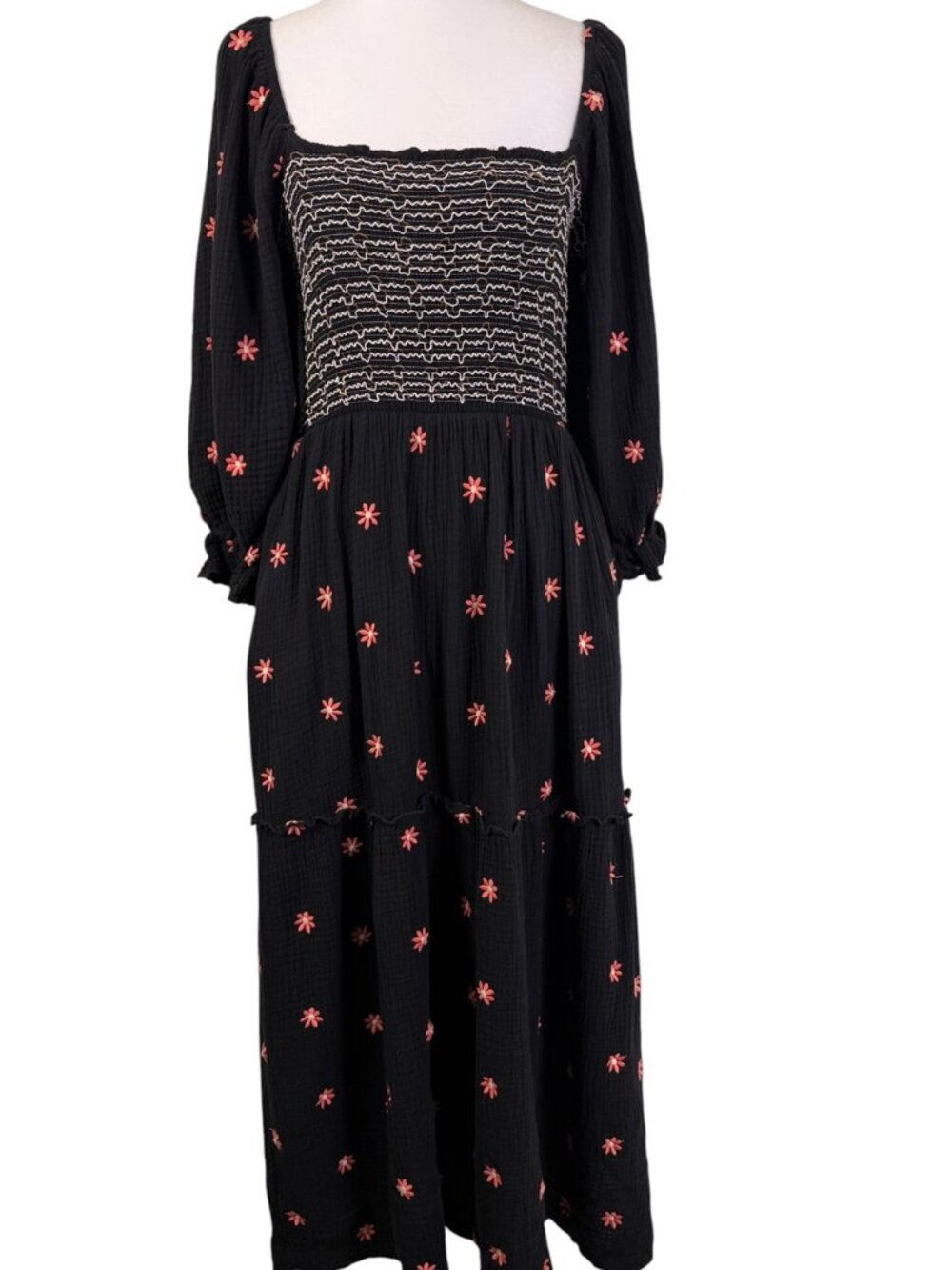 Boutique Style Black Smocked Midi Dress Pink Embroidered Floral Cottagecore M - Picture 3 of 14